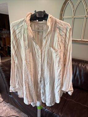 aerie Striped Cream and Light Brown Button-Down Shirt
